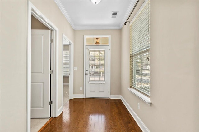 doorway to outside with crown molding and dark hardwood / wood-style flooring