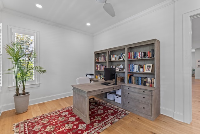 1530 Willtown St, Daniel Island, SC 29492 - office featuring ornamental molding, light wood-style flooring, a ceiling fan, and recessed lighting