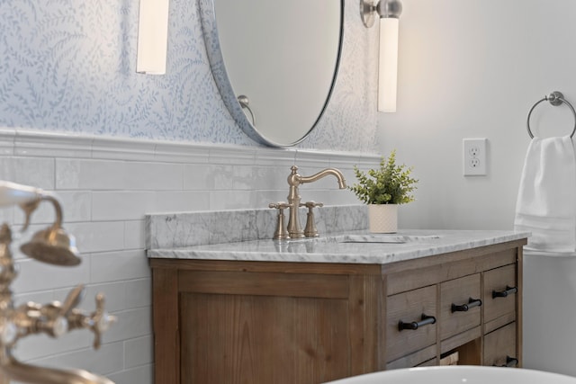 1530 Willtown St, Daniel Island, SC 29492 - bathroom featuring wallpapered walls, vanity, and wainscoting