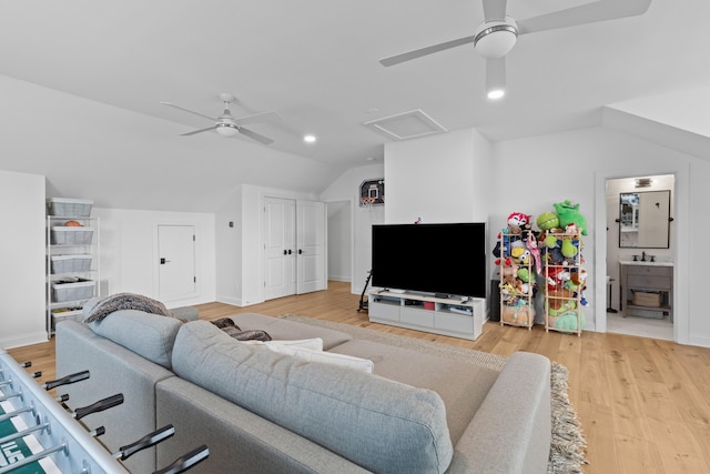 1530 Willtown St, Daniel Island, SC 29492 - living room featuring a ceiling fan, light wood finished floors, lofted ceiling, and recessed lighting