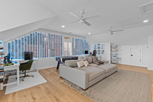 1530 Willtown St, Daniel Island, SC 29492 - living room featuring ceiling fan, vaulted ceiling, light wood-style floors, an office area, and recessed lighting