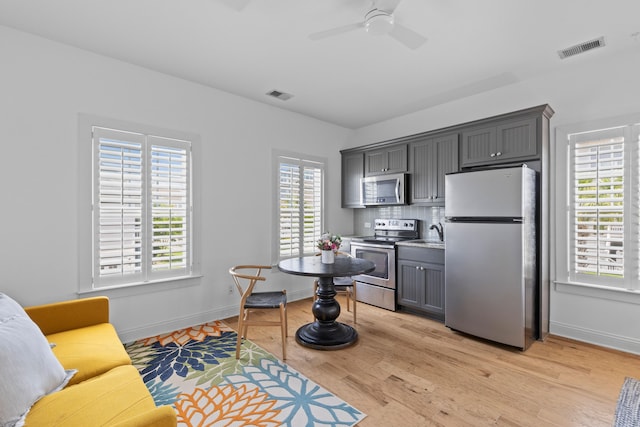 1530 Willtown St, Daniel Island, SC 29492 - kitchen with appliances with stainless steel finishes, gray cabinets, ceiling fan, light wood finished floors, and decorative backsplash