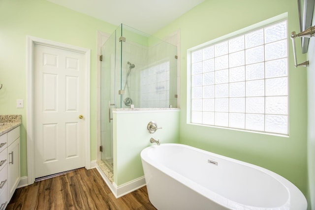 116 Holbrook Ln, Goose Creek, SC 29445 - full bath featuring a shower stall, a soaking tub, vanity, and wood finished floors