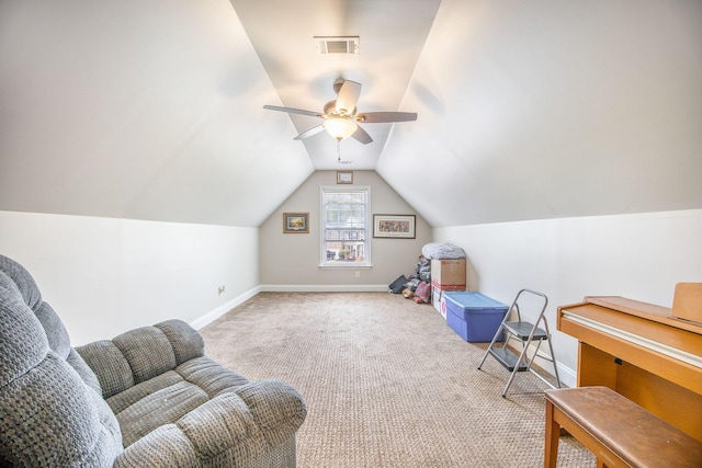 116 Holbrook Ln, Goose Creek, SC 29445 - sitting room featuring baseboards, vaulted ceiling, carpet, and ceiling fan