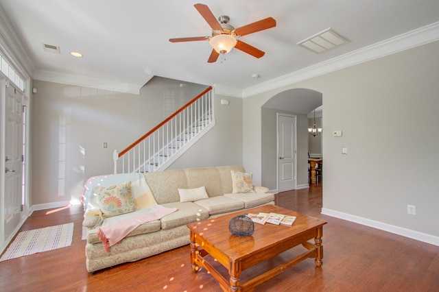 living room featuring hardwood / wood-style flooring, ceiling fan with notable chandelier, and ornamental molding