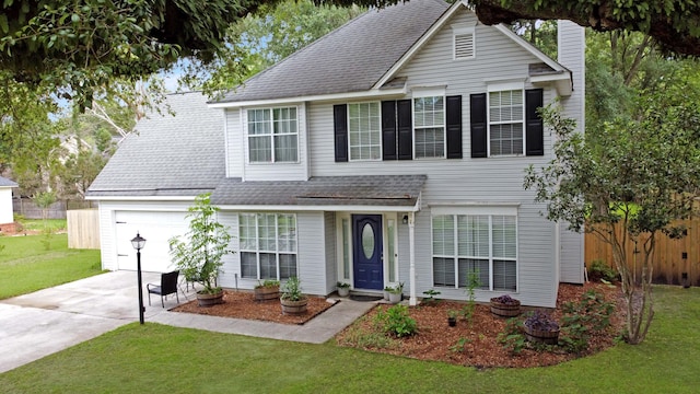 traditional-style house featuring concrete driveway, an attached garage, a shingled roof, and a chimney