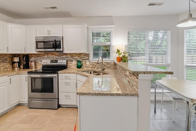 kitchen featuring appliances with stainless steel finishes, a sink, a peninsula, and healthy amount of natural light