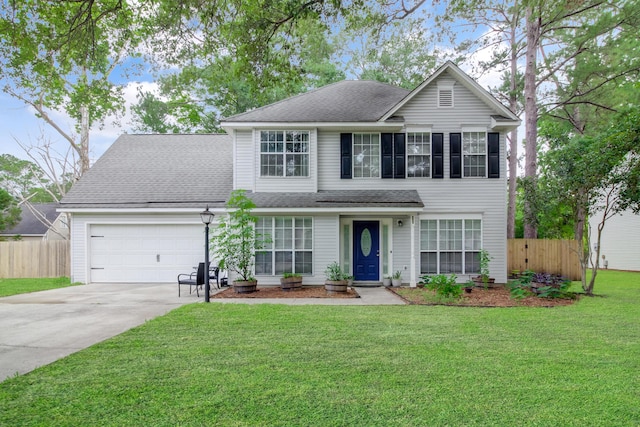traditional home with an attached garage, concrete driveway, and roof with shingles