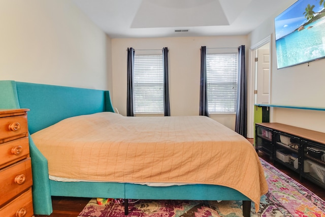 bedroom with a tray ceiling and wood finished floors