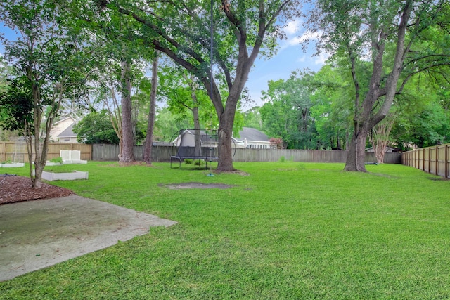 view of yard with a trampoline and a patio