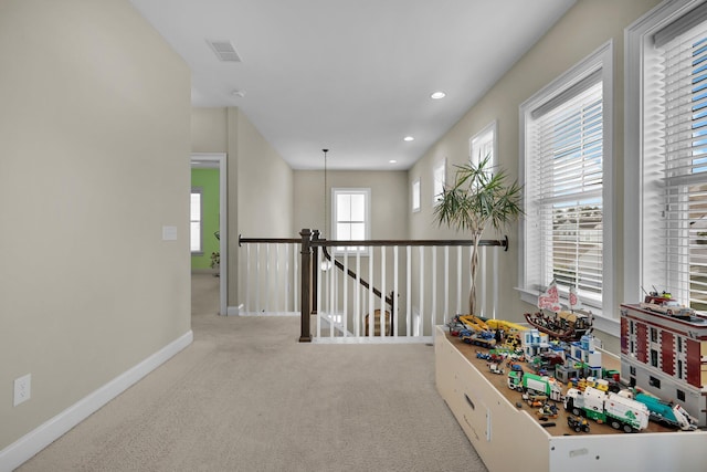 playroom with carpet, visible vents, baseboards, and recessed lighting