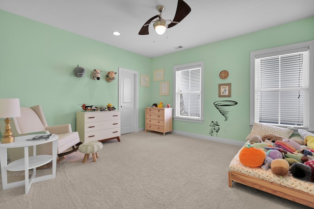 bedroom with carpet, recessed lighting, visible vents, ceiling fan, and baseboards