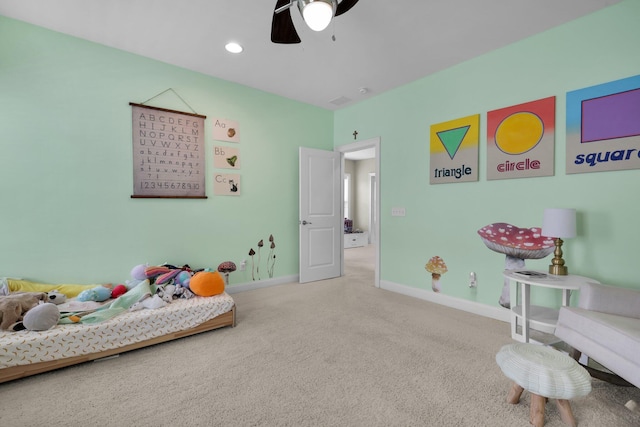 bedroom featuring carpet, baseboards, ceiling fan, and recessed lighting