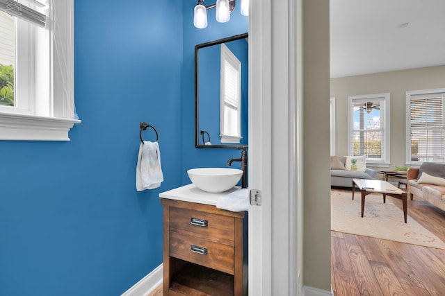 bathroom featuring vanity, baseboards, and wood finished floors