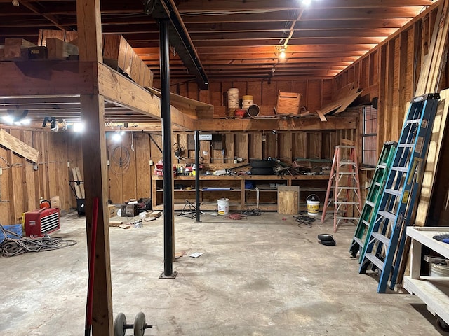 basement with a workshop area and wood walls