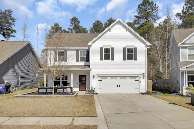 traditional-style house featuring a garage, covered porch, fence, concrete driveway, and roof with shingles