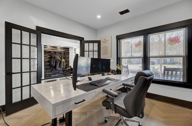 office featuring baseboards, visible vents, and recessed lighting