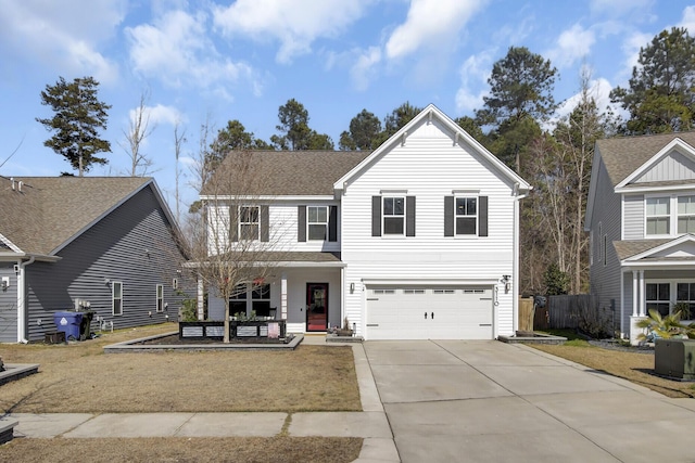 traditional-style home with a garage, concrete driveway, roof with shingles, fence, and a porch