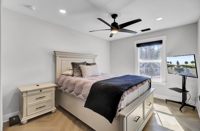 bedroom with a ceiling fan, recessed lighting, visible vents, and baseboards