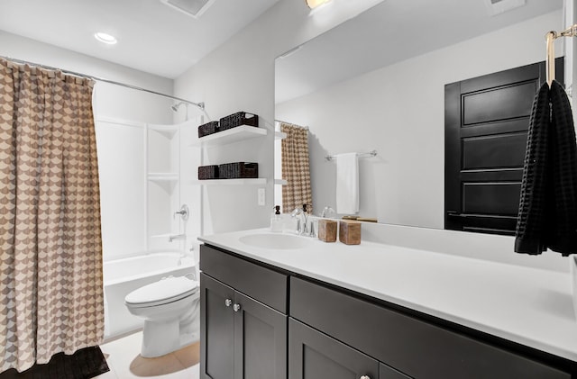 full bath with toilet, recessed lighting, vanity, visible vents, and shower / bath combo