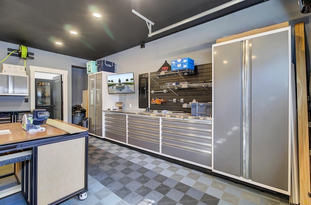 kitchen with wine cooler and recessed lighting