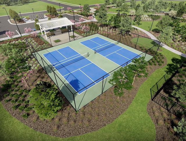 view of tennis court with a lawn, fence, and a pergola