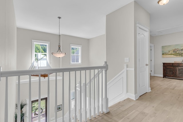 hall featuring an upstairs landing, light wood-type flooring, a wainscoted wall, and attic access