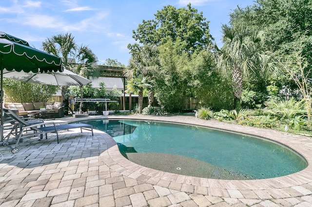 view of swimming pool featuring a patio, outdoor lounge area, and a fenced backyard