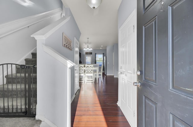 foyer entrance with dark hardwood / wood-style floors and an inviting chandelier