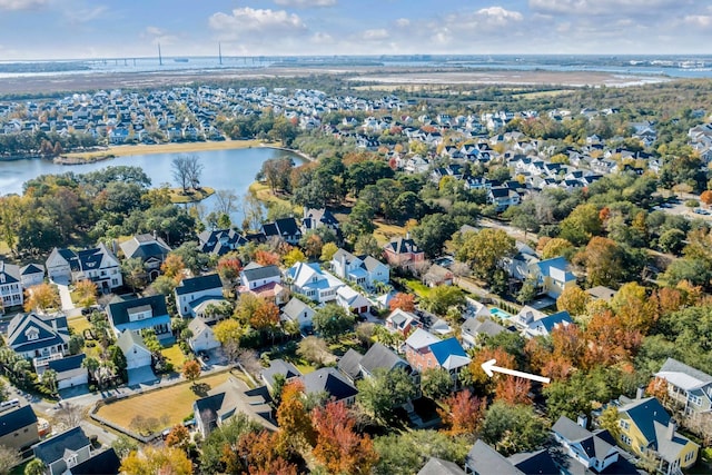 drone / aerial view featuring a water view