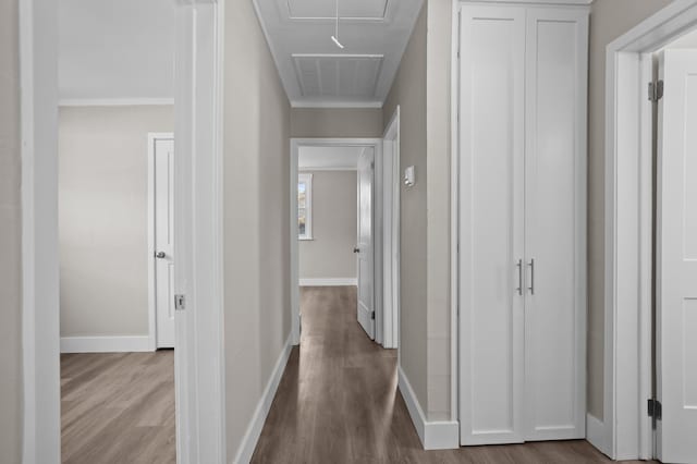 hallway with light hardwood / wood-style flooring and ornamental molding