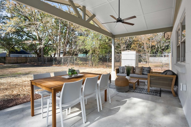 view of patio / terrace with ceiling fan and an outdoor hangout area