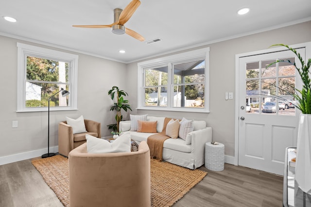 living room with ornamental molding, hardwood / wood-style floors, and a wealth of natural light