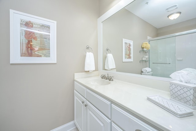 full bath featuring visible vents, baseboards, a shower stall, and vanity