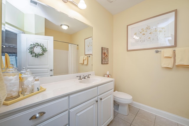 full bath with baseboards, visible vents, toilet, tile patterned floors, and vanity