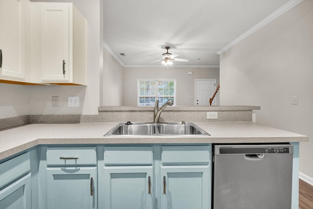 kitchen featuring ceiling fan, dishwasher, ornamental molding, white cabinets, and sink