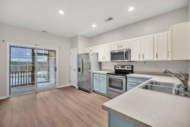 kitchen featuring appliances with stainless steel finishes, light hardwood / wood-style floors, white cabinets, and sink