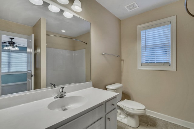 full bathroom with vanity, visible vents, baseboards, toilet, and tile patterned floors