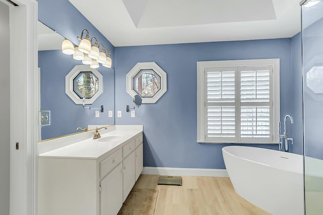 full bath featuring a freestanding tub, wood finished floors, vanity, and baseboards