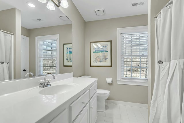 bathroom with toilet, baseboards, visible vents, and vanity