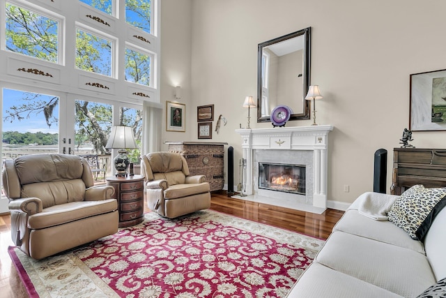 4702 Blockhouse Ln, Hollywood, SC 29449 - living room featuring wood finished floors, a premium fireplace, a towering ceiling, and baseboards