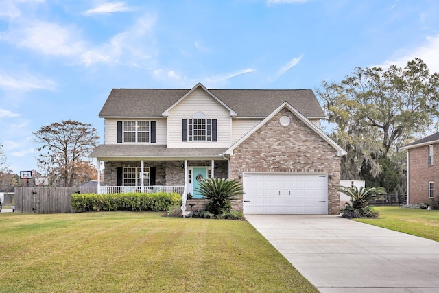 front of property featuring a garage, covered porch, and a front lawn