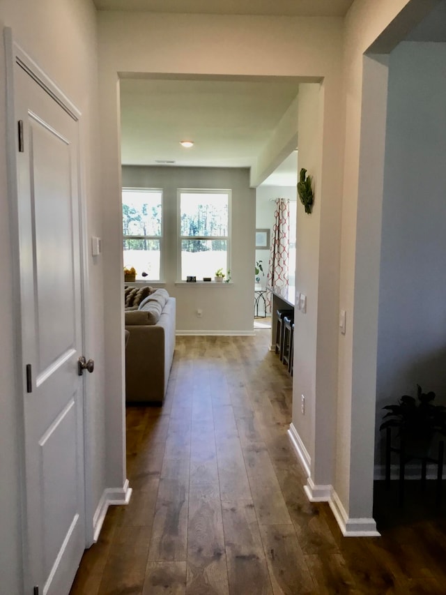 corridor with dark hardwood / wood-style floors