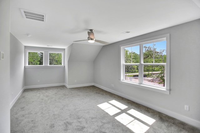 additional living space with ceiling fan, a wealth of natural light, vaulted ceiling, and carpet flooring