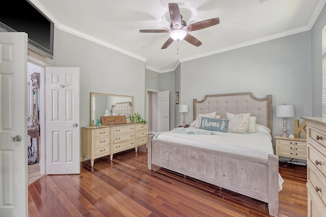 bedroom featuring ornamental molding, ceiling fan, and wood finished floors