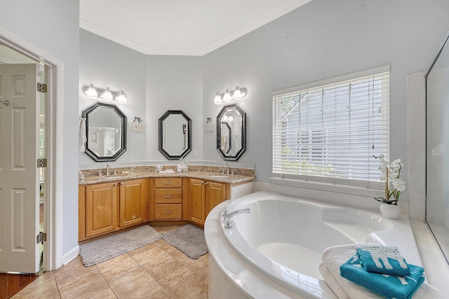 bathroom featuring a sink, ornamental molding, a garden tub, and double vanity