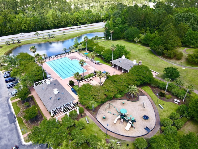 aerial view featuring a water view