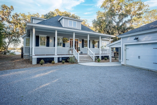 view of front facade featuring covered porch and a garage