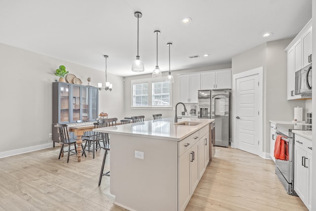 kitchen featuring white cabinets, appliances with stainless steel finishes, a center island with sink, and sink