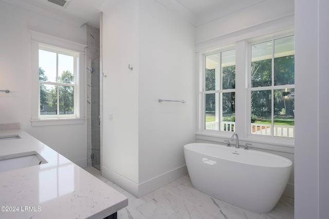 bathroom with vanity, independent shower and bath, and a healthy amount of sunlight